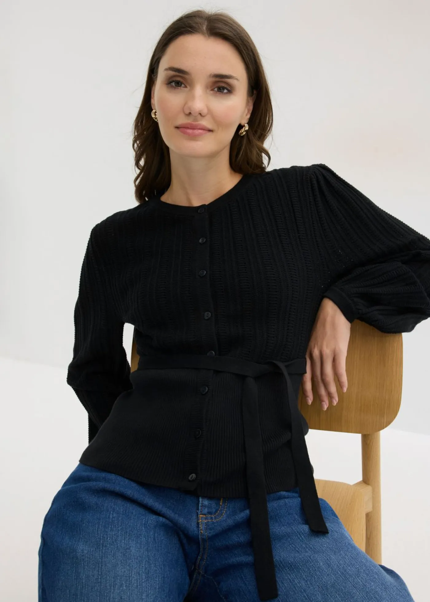 bonprix bonprix Jerséis|Novedades>Jersey de punto ajour en mezcla de algodón Negro