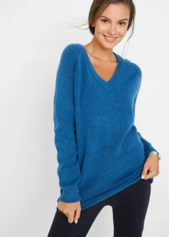 bonprix bonprix Jerséis|Ropa De Punto>Jersey de punto con cuello en V, de corte oversize Azul polar