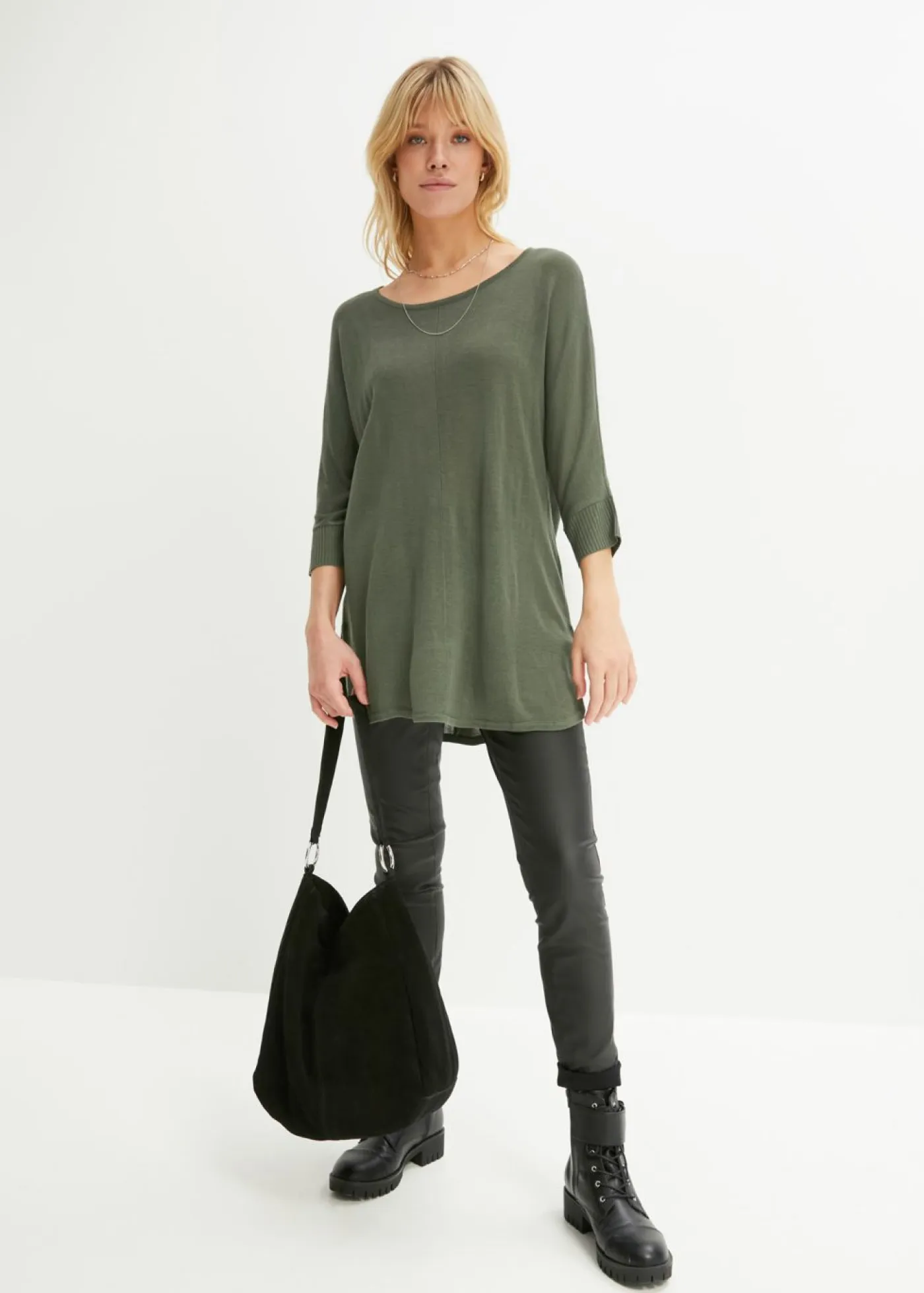 bonprix bonprix Jerséis|Ropa De Punto>Jersey de punto fino con mangas 3/4 Verde eucalipto