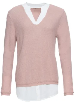 bonprix bonprix Jerséis|Ropa De Punto>Jersey de punto fino con inserto de blusa Rosa-blanco