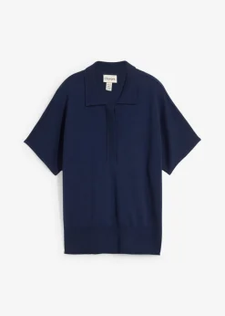bonprix bonprix Premium|Jerséis>Jersey de punto fino con contenido de seda y cuello tipo polo Azul marino