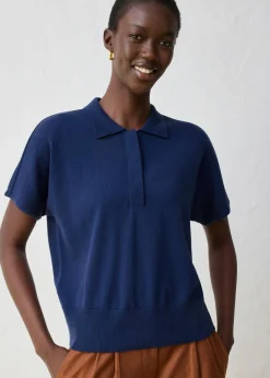 bonprix bonprix Premium|Jerséis>Jersey de punto fino con contenido de seda y cuello tipo polo Azul marino