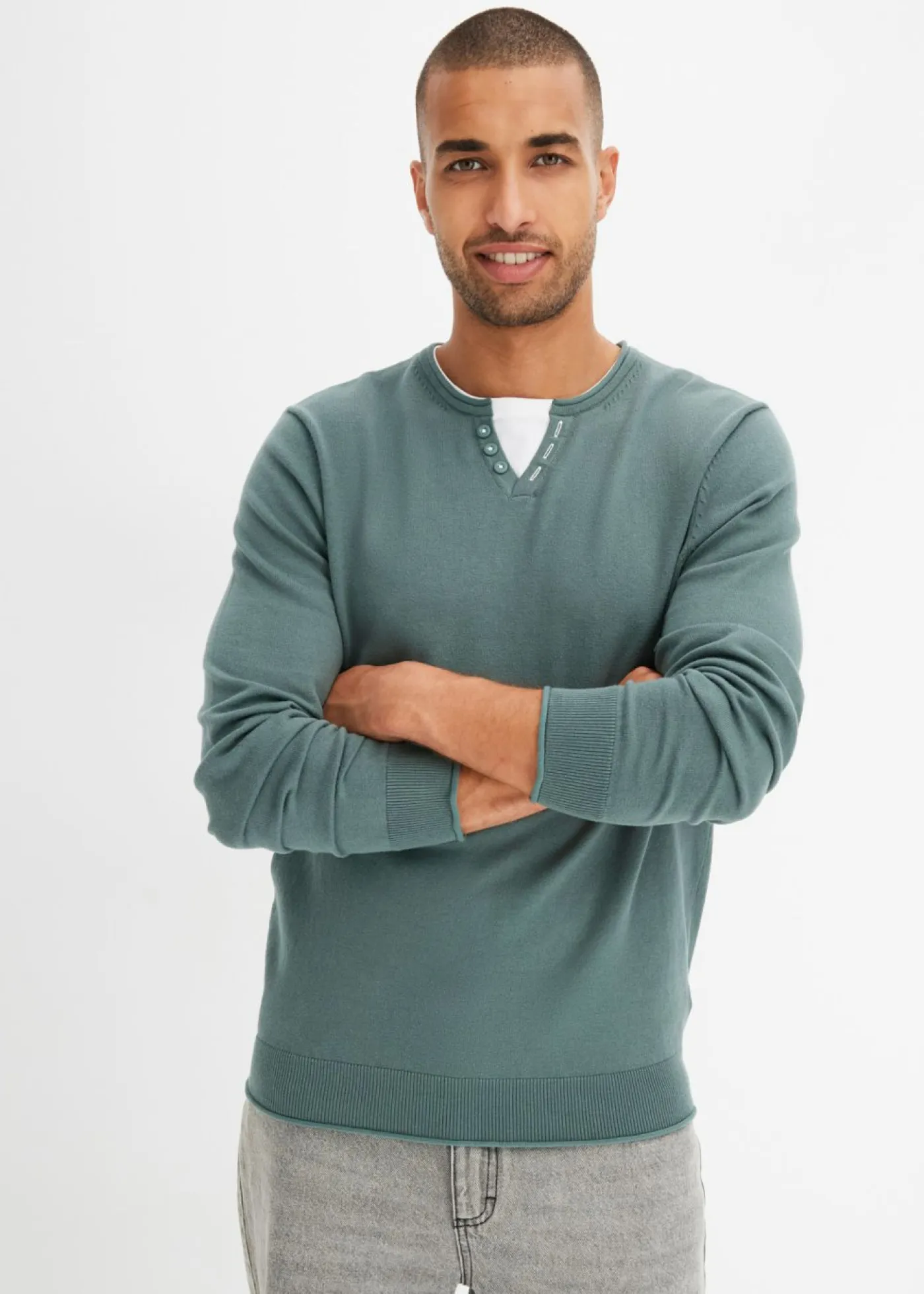 bonprix bonprix Básicos En Rebajas|Jerséis Y Cárdigans>Jersey de punto fino con aspecto 2 en 1 de suave mezcla de algodón Verde grisáceo