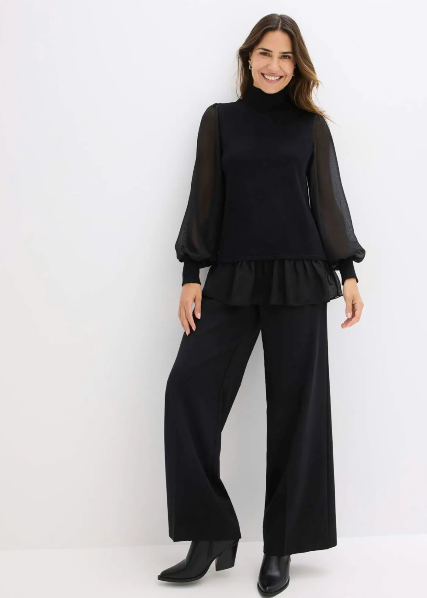 bonprix bonprix Jerséis|Ropa De Punto>Jersey de punto fino con inserto de blusa Negro