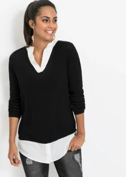bonprix bonprix Jerséis|Ropa De Punto>Jersey de punto fino con inserto de blusa Negro