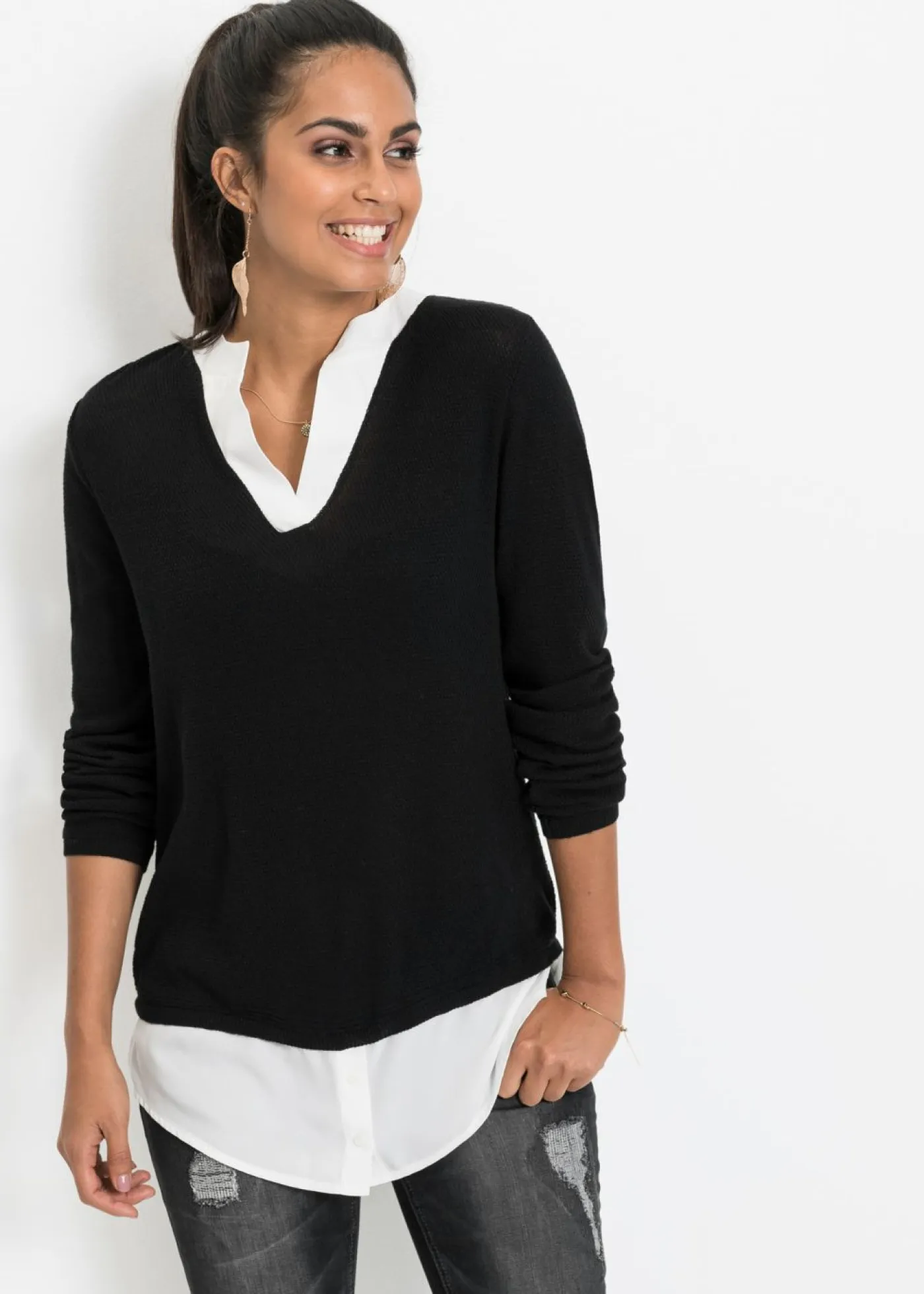 bonprix bonprix Jerséis|Ropa De Punto>Jersey de punto fino con inserto de blusa Negro