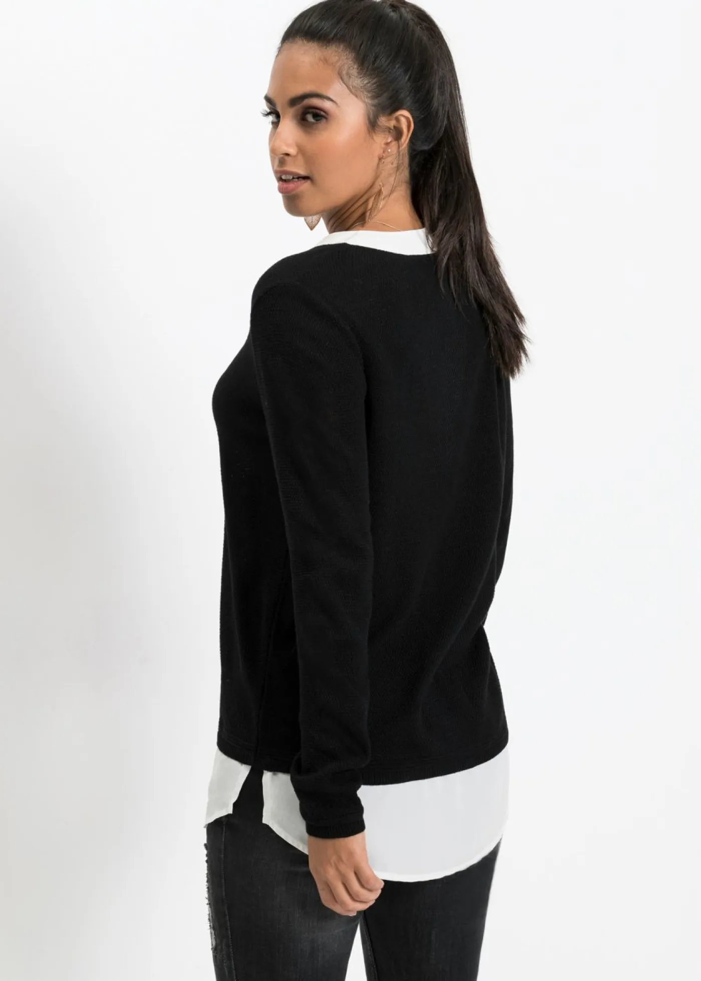 bonprix bonprix Jerséis|Ropa De Punto>Jersey de punto fino con inserto de blusa Negro