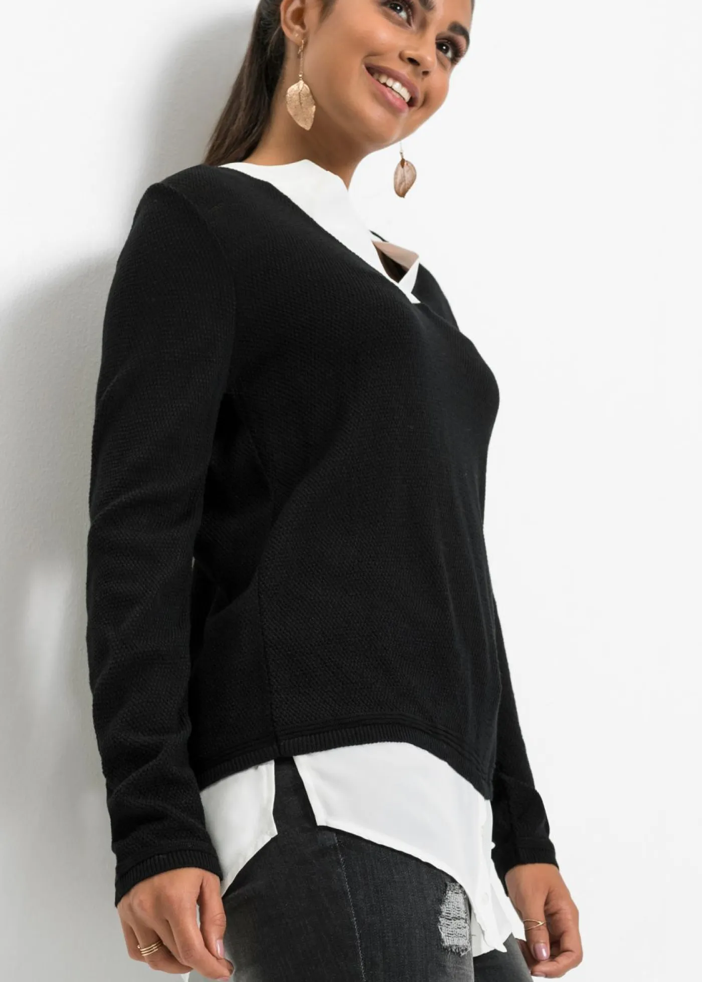 bonprix bonprix Jerséis|Ropa De Punto>Jersey de punto fino con inserto de blusa Negro