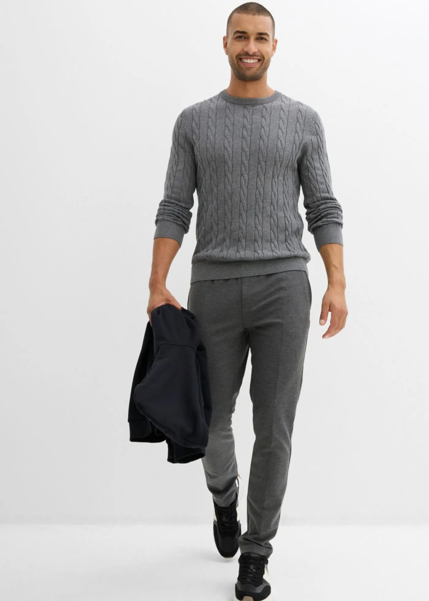 bonprix bonprix Jerséis Y Cárdigans>Jersey de punto fino con patrón trenzado de suave mezcla de algodón, slim fit Gris jaspeado