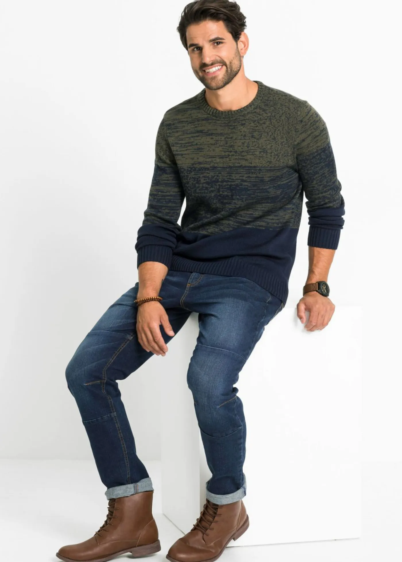 bonprix bonprix Jerséis Y Cárdigans>Jersey de punto fino con corte cómodo y suave mezcla de algodón Verde oliva oscuro/azul marino de rayas horizontales