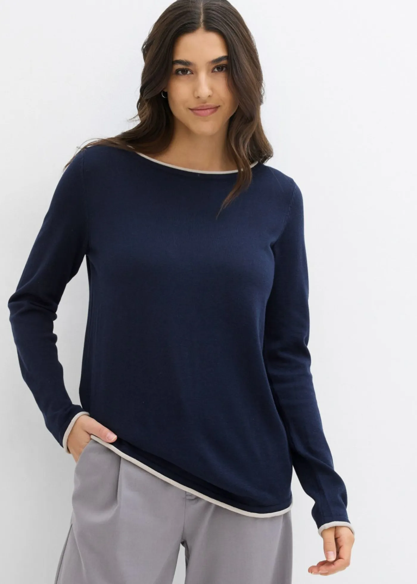 bonprix bonprix Jerséis|Ropa De Punto>Jersey de punto fino de mezcla de algodón azul marino-gris piedra