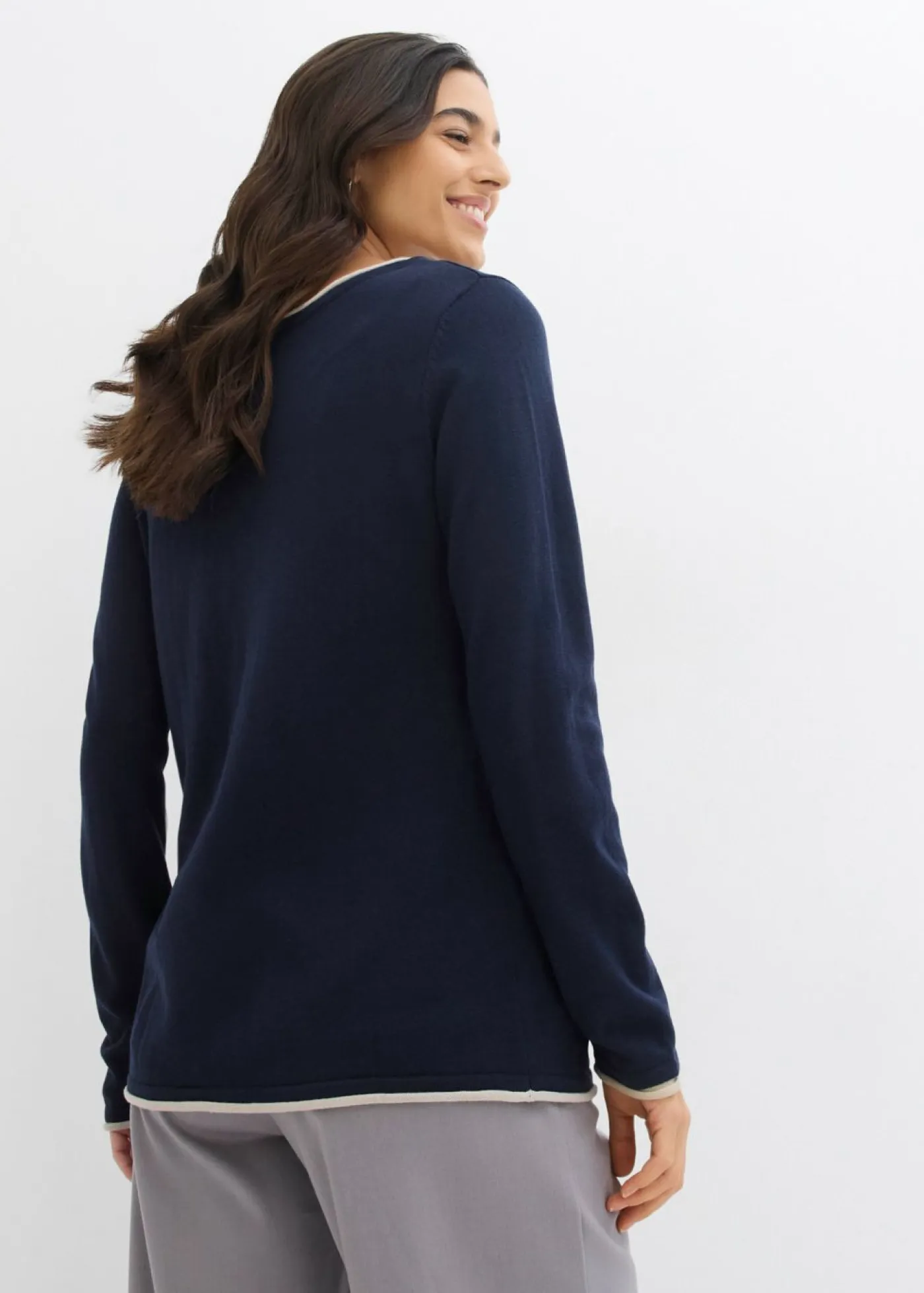 bonprix bonprix Jerséis|Ropa De Punto>Jersey de punto fino de mezcla de algodón azul marino-gris piedra