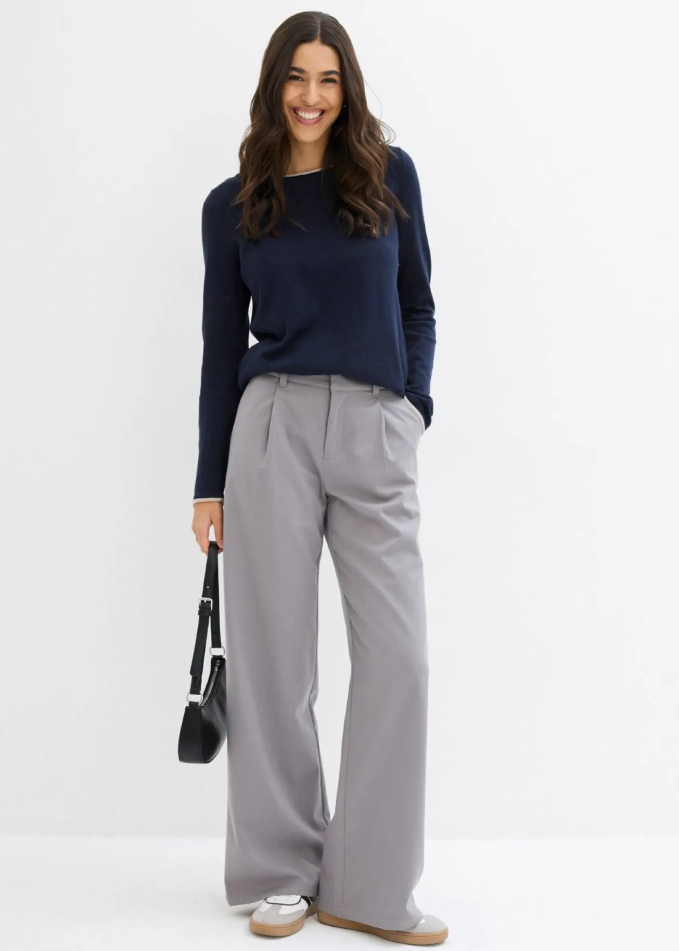 bonprix bonprix Jerséis|Ropa De Punto>Jersey de punto fino de mezcla de algodón azul marino-gris piedra