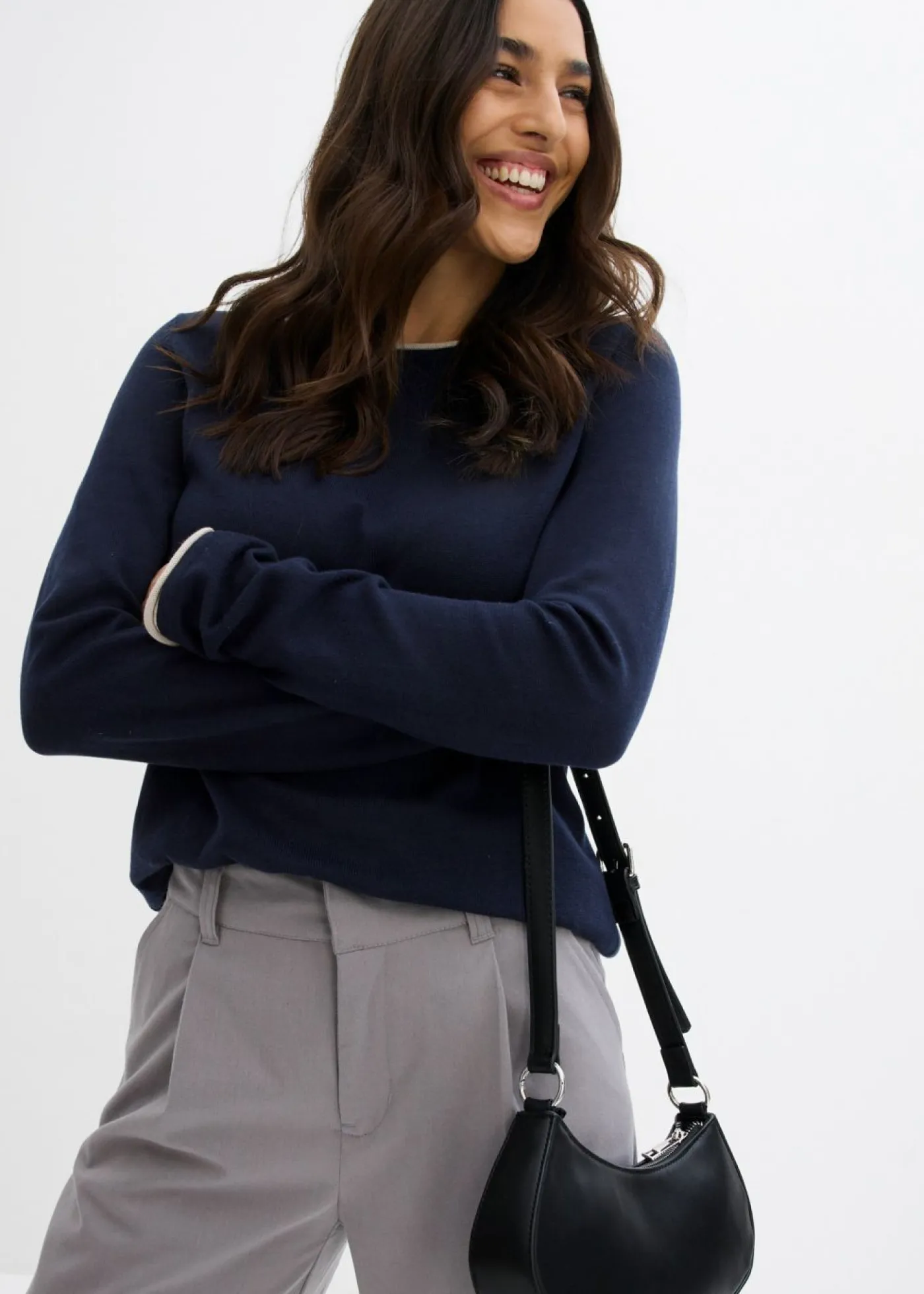 bonprix bonprix Jerséis|Ropa De Punto>Jersey de punto fino de mezcla de algodón azul marino-gris piedra