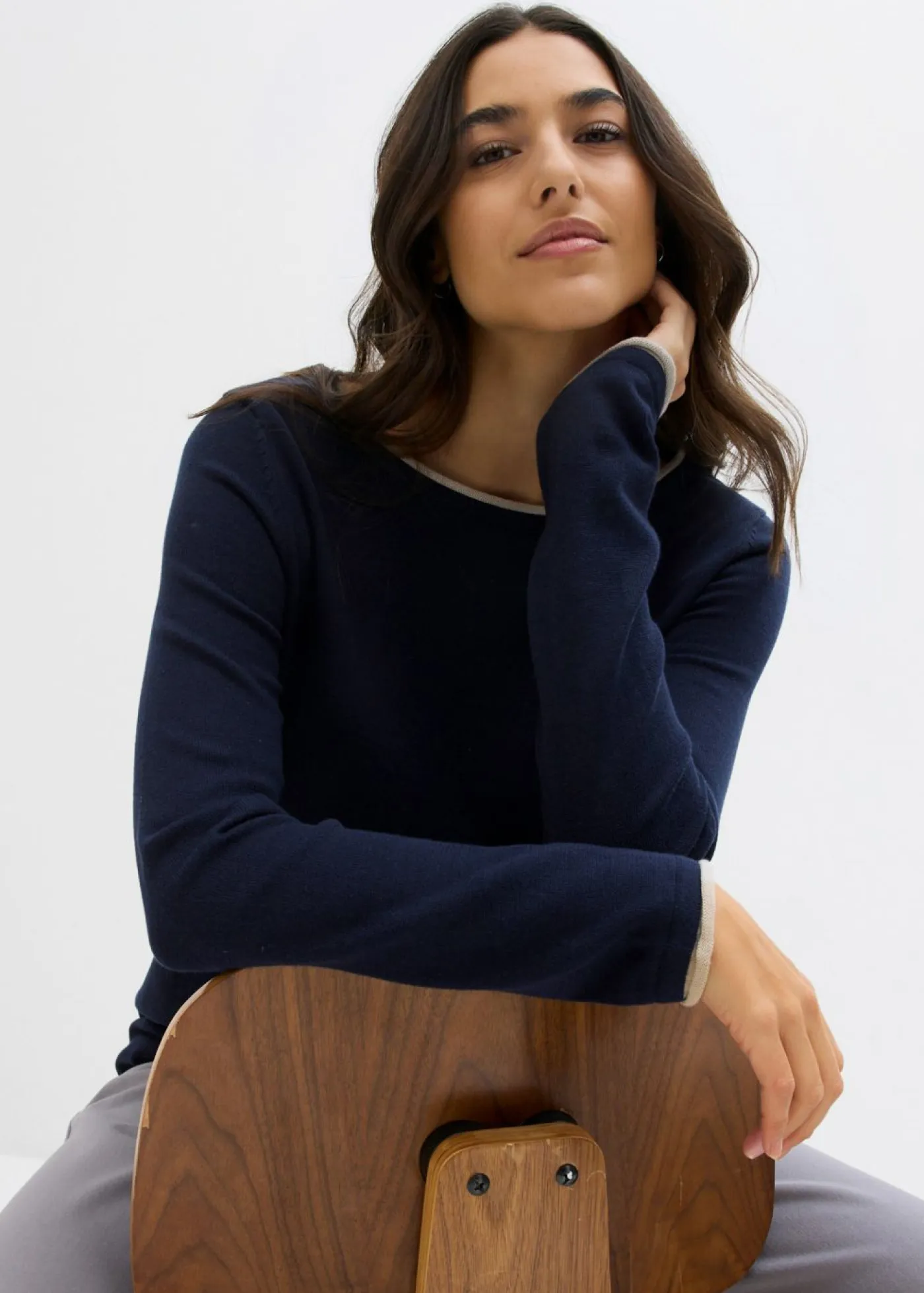 bonprix bonprix Jerséis|Ropa De Punto>Jersey de punto fino de mezcla de algodón azul marino-gris piedra