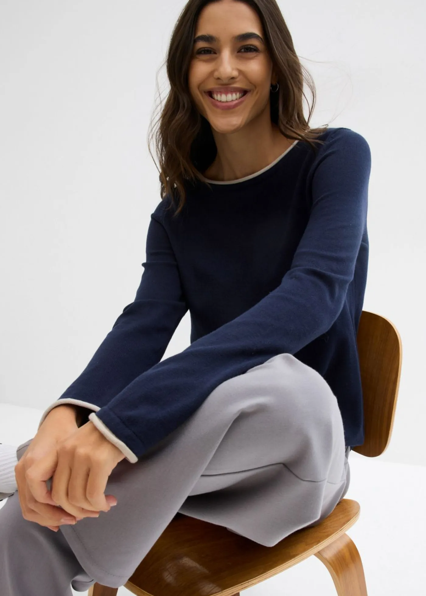 bonprix bonprix Jerséis|Ropa De Punto>Jersey de punto fino de mezcla de algodón azul marino-gris piedra