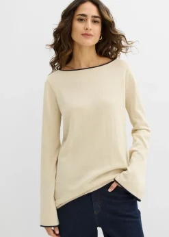 bonprix bonprix Jerséis|Ropa De Punto>Jersey de punto fino de mezcla de algodón arena claro-azul marino