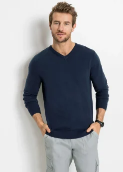 bonprix bonprix Básicos En Rebajas|Jerséis Y Cárdigans>Jersey de punto fino de mezcla de algodón suave Azul marino