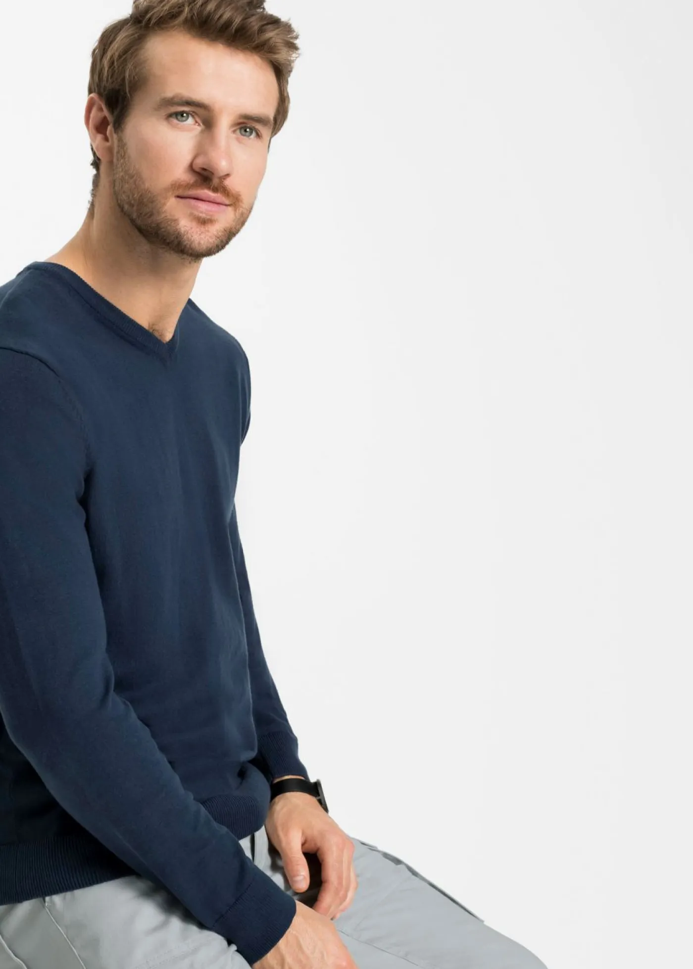 bonprix bonprix Básicos En Rebajas|Jerséis Y Cárdigans>Jersey de punto fino de mezcla de algodón suave Azul marino