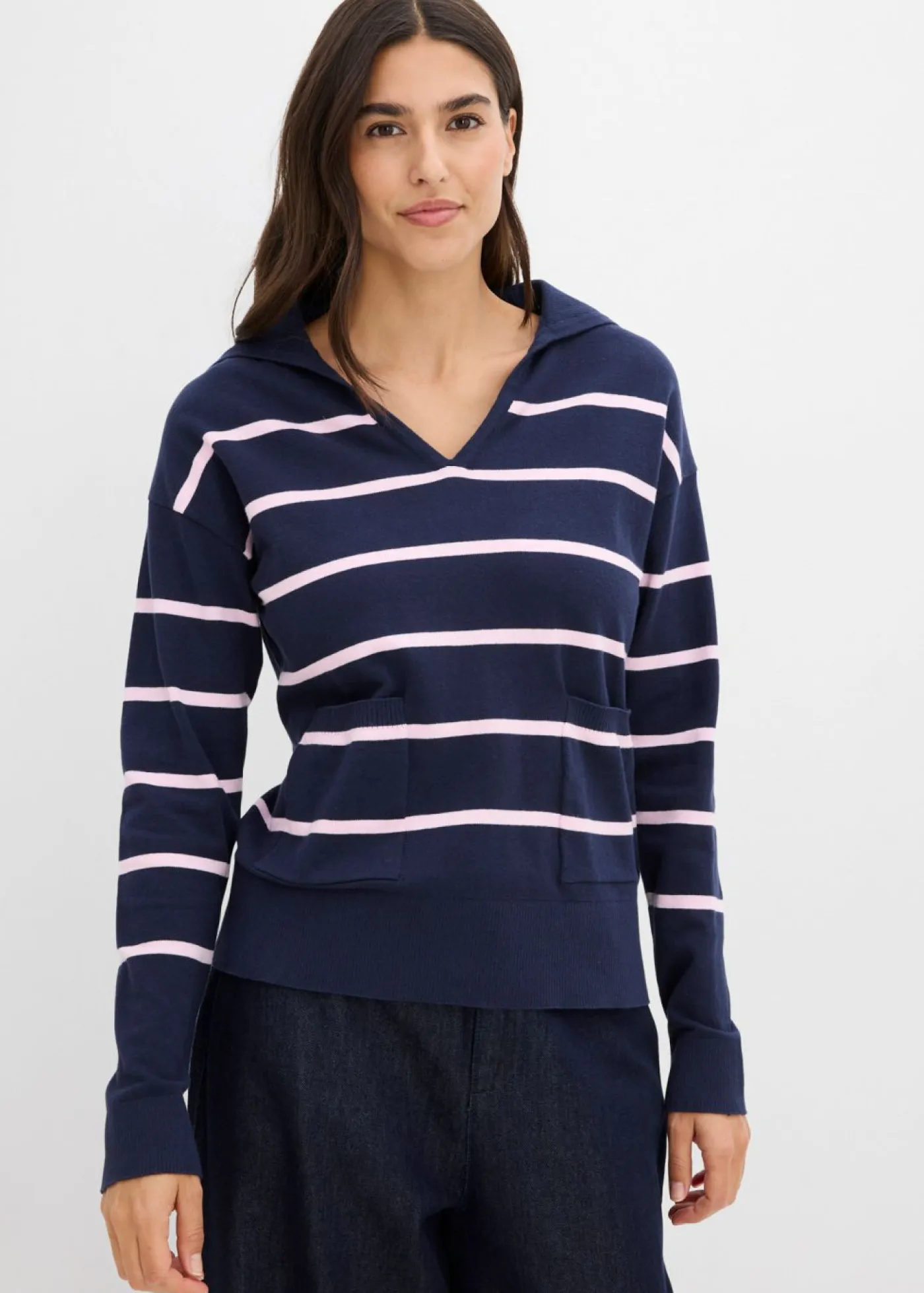 bonprix bonprix Jerséis|Novedades>Jersey de punto fino tipo polo azul marino-rosa cristal con rayas