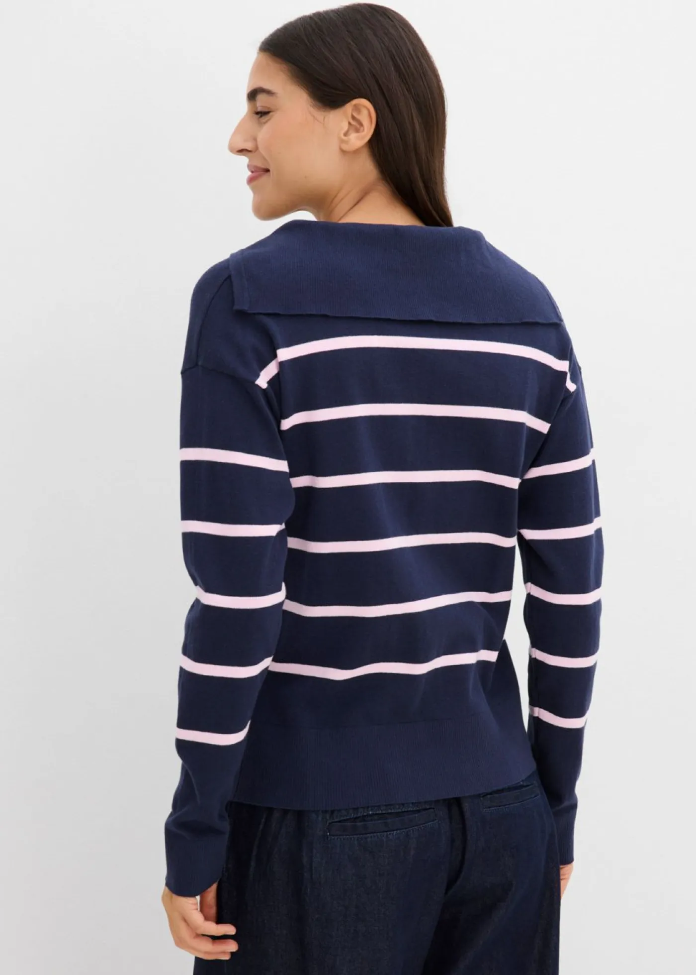 bonprix bonprix Jerséis|Novedades>Jersey de punto fino tipo polo azul marino-rosa cristal con rayas