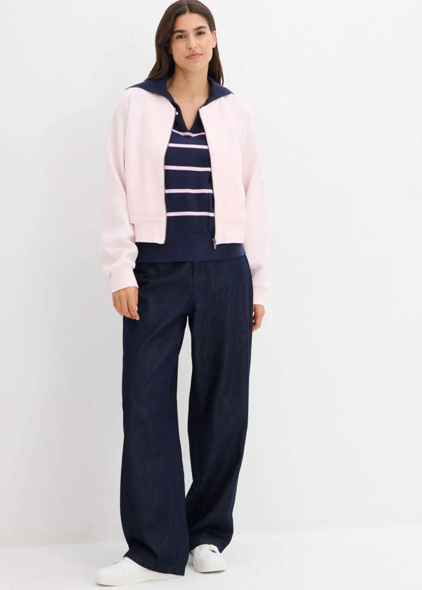 bonprix bonprix Jerséis|Novedades>Jersey de punto fino tipo polo azul marino-rosa cristal con rayas