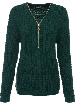bonprix bonprix Jerséis|Ropa De Punto>Jersey de punto grueso con detalle de cremallera Verde intenso