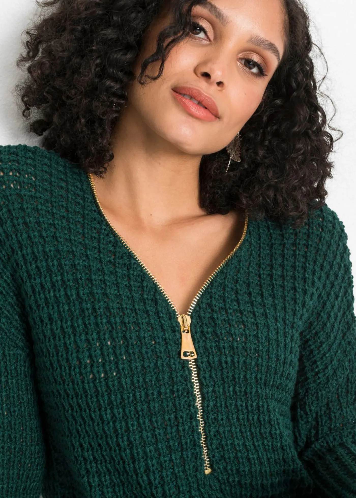 bonprix bonprix Jerséis|Ropa De Punto>Jersey de punto grueso con detalle de cremallera Verde intenso