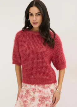 bonprix bonprix Jerséis|Ropa De Punto>Jersey de punto grueso con hilo suave Cereza/arena claro jaspeado