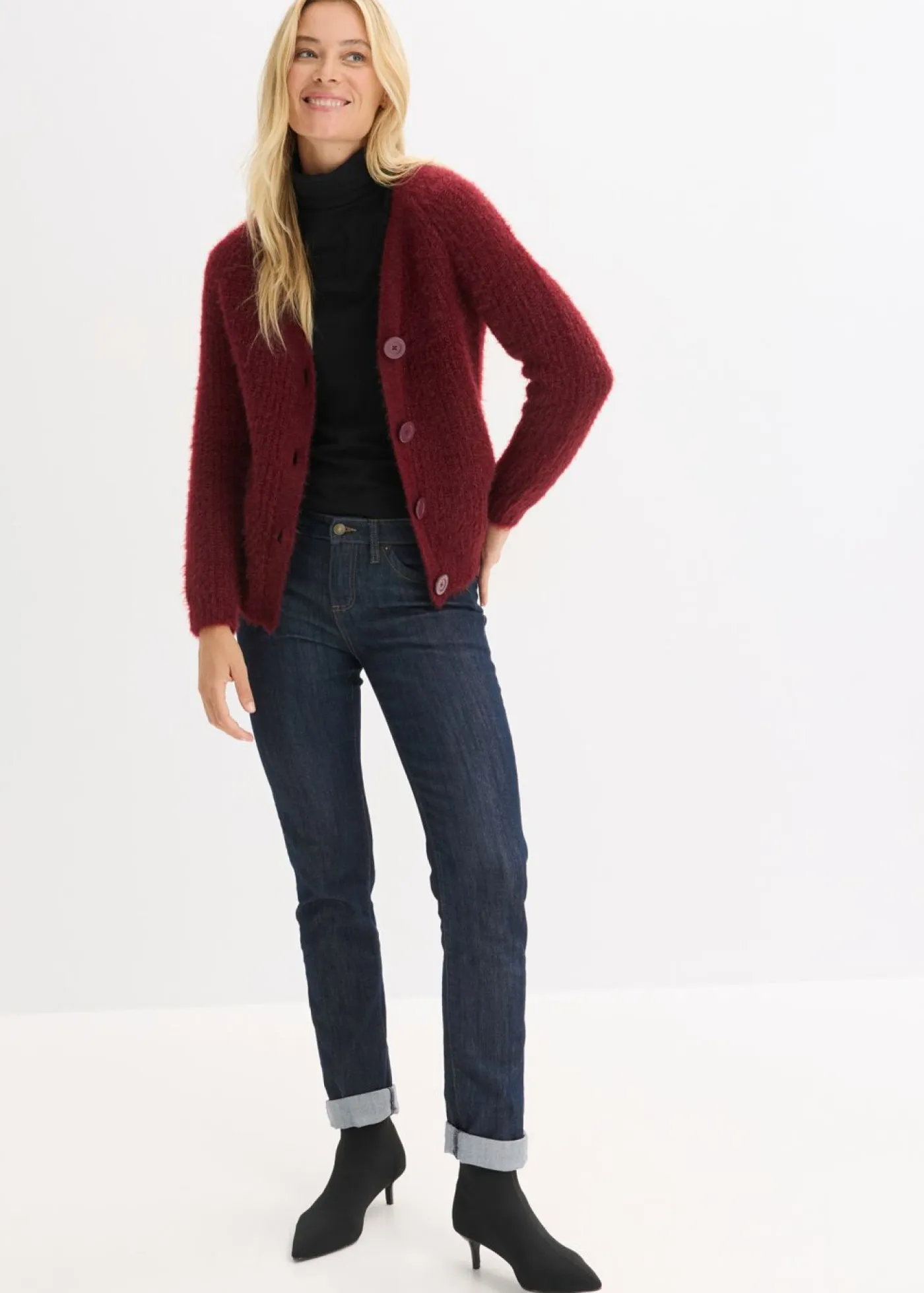 bonprix bonprix Jerséis|Ropa De Punto>Jersey de punto grueso de canalé con efecto brillante Rojo rubí