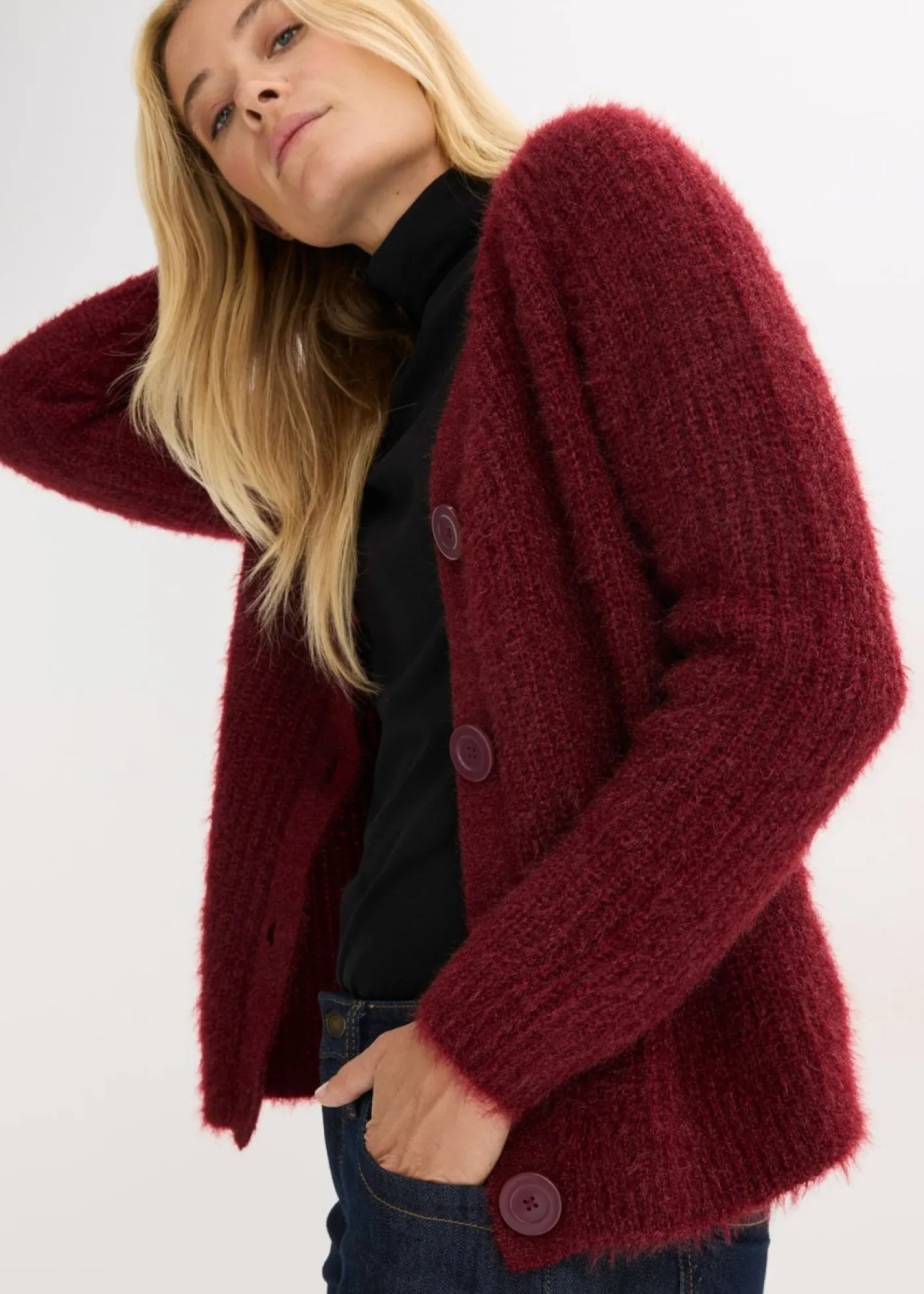 bonprix bonprix Jerséis|Ropa De Punto>Jersey de punto grueso de canalé con efecto brillante Rojo rubí