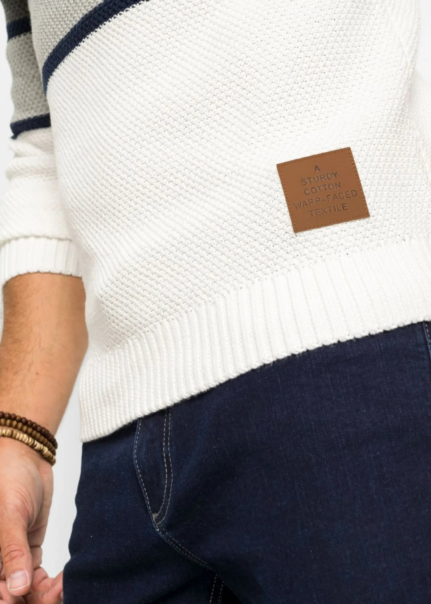 bonprix bonprix Jerséis Y Cárdigans>Jersey de punto grueso de algodón puro con cuello azul marino / crema suave rayas horizontales