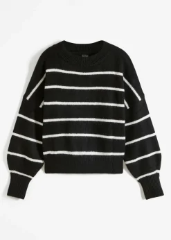 bonprix bonprix Jerséis|Ropa De Punto>Jersey de rayas con corte holgado Negro-blanco lana de rayas