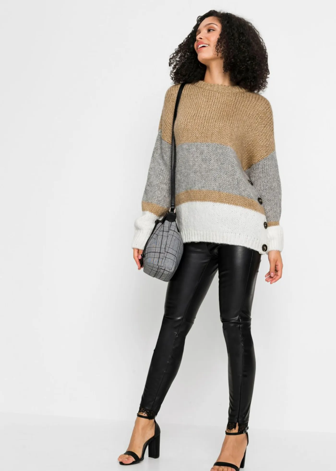 bonprix bonprix Jerséis|Ropa De Punto>Jersey de rayas de corte holgado con botones Beige-gris claro jaspeado-blanco