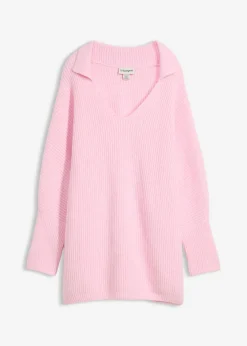 bonprix bonprix Jerséis|Ropa De Punto>Jersey holgado con cuello tipo polo rosa cristal