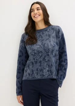 bonprix bonprix Jerséis|Ropa De Punto>Jersey holgado de jacquard con lentejuelas Índigo/azul marino