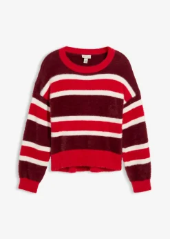 bonprix bonprix Jerséis|Ropa De Punto>Jersey holgado de punto rojo rubí-rojo-blanco lana con rayas