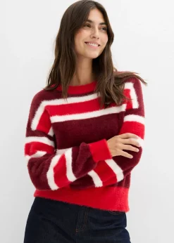 bonprix bonprix Jerséis|Ropa De Punto>Jersey holgado de punto rojo rubí-rojo-blanco lana con rayas