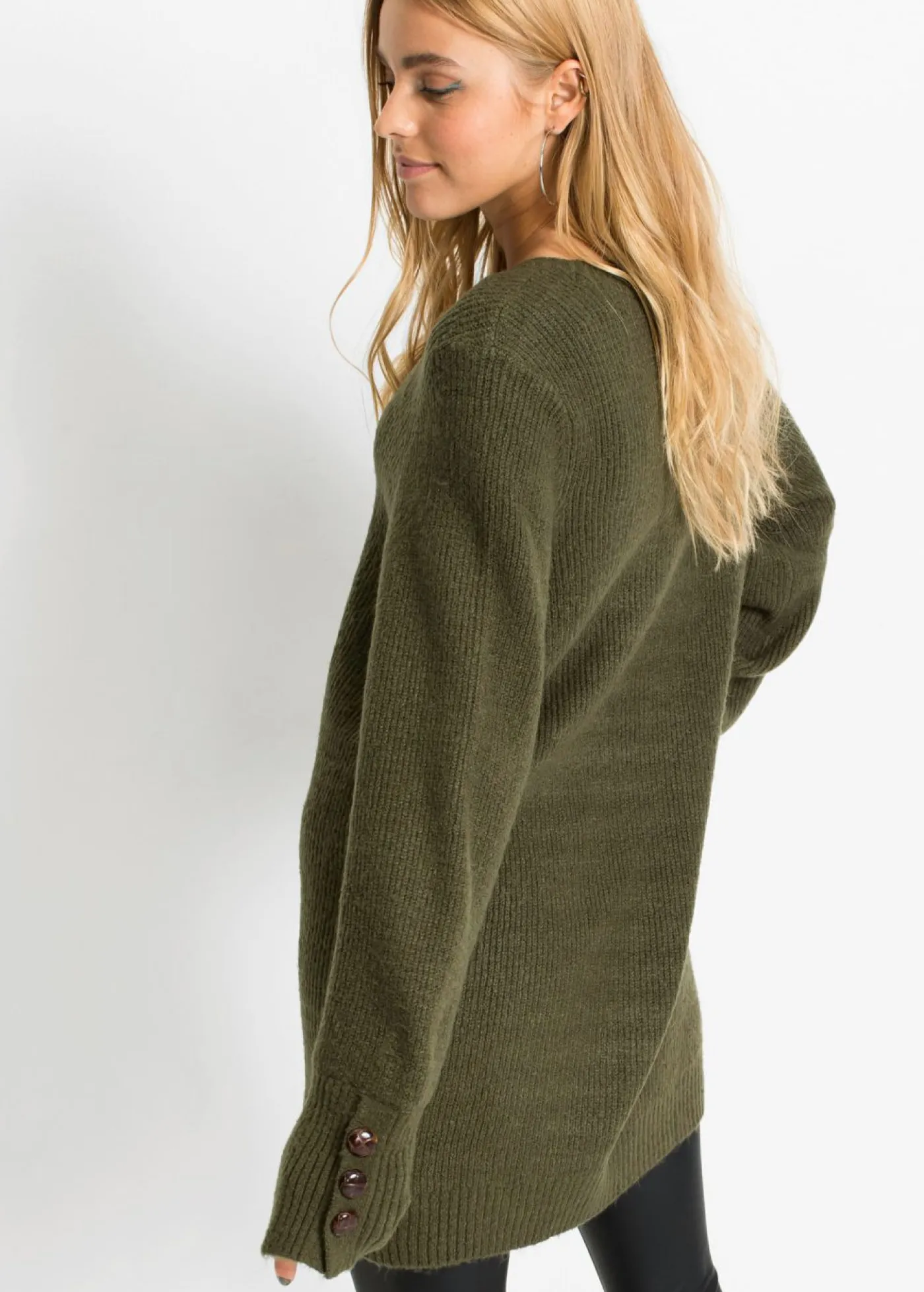 bonprix bonprix Jerséis|Ropa De Punto>Jersey largo con botones Verde oliva oscuro