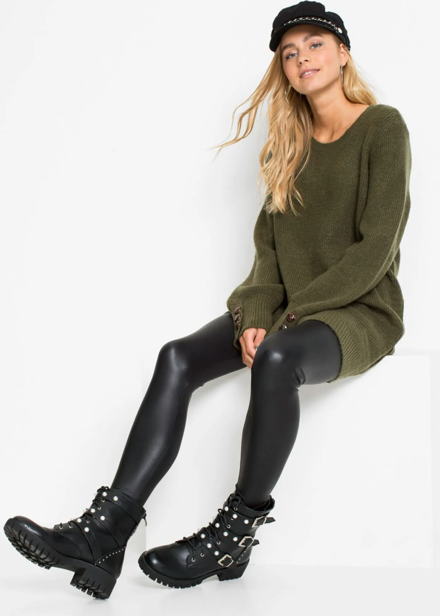 bonprix bonprix Jerséis|Ropa De Punto>Jersey largo con botones Verde oliva oscuro