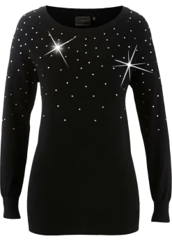 bonprix bonprix Jerséis|Ropa De Punto>Jersey largo con piedras brillantes Negro-plateado