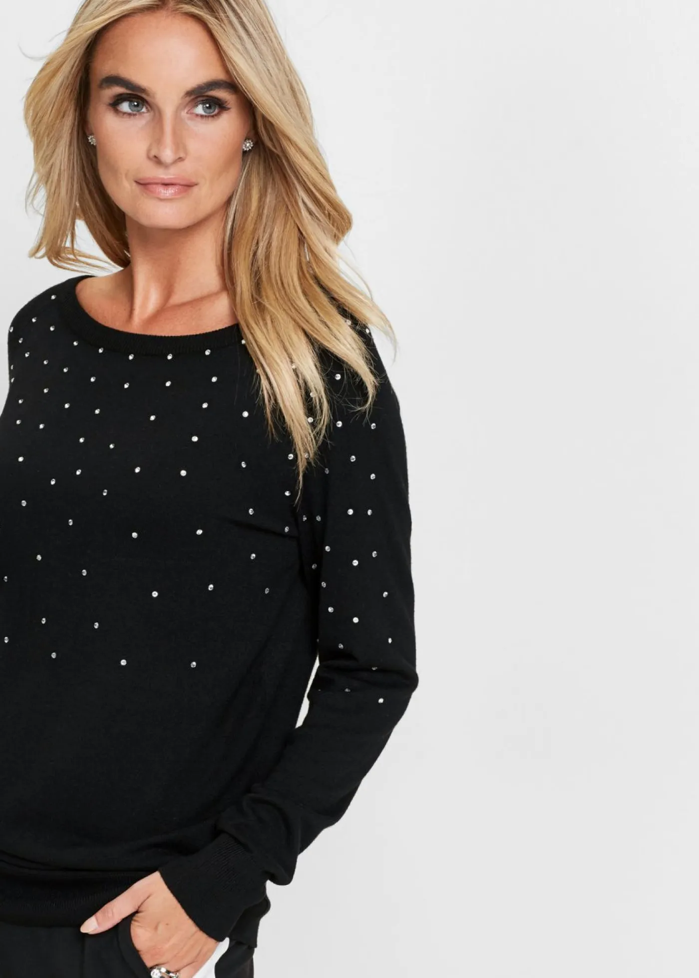 bonprix bonprix Jerséis|Ropa De Punto>Jersey largo con piedras brillantes Negro-plateado