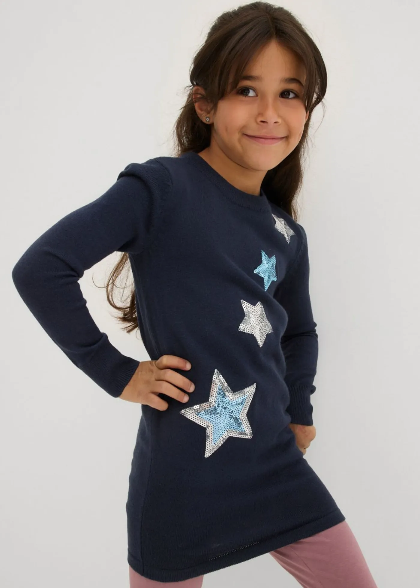 bonprix bonprix Ropa 2 A 9 Años·Sudaderas Y Jerséis>Jersey largo de punto fino con lentejuelas Azul marino