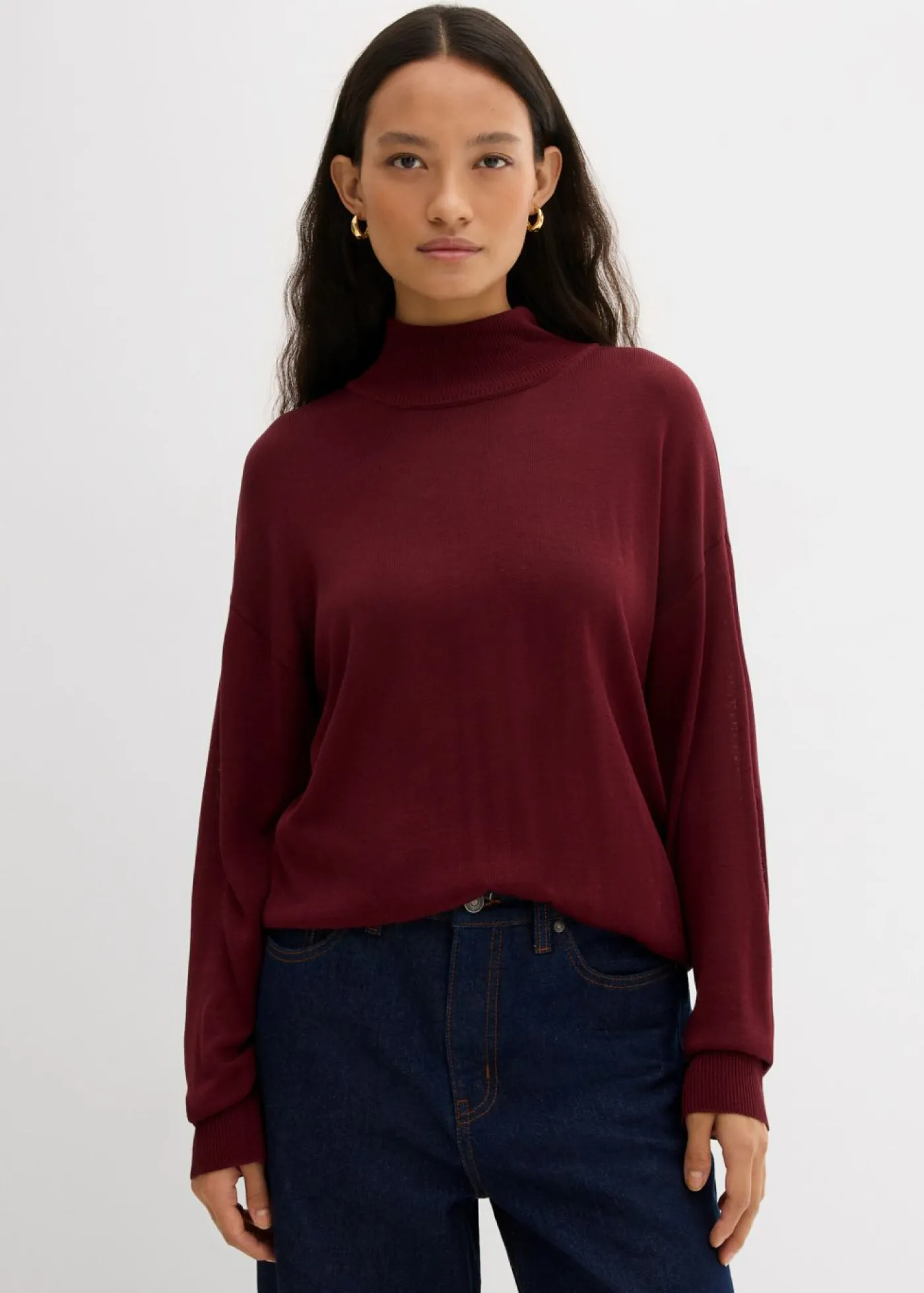 bonprix bonprix Esenciales|Jerséis>Jersey ligero de punto fino con cuello alto ancho, en mezcla de viscosa rojo avellana