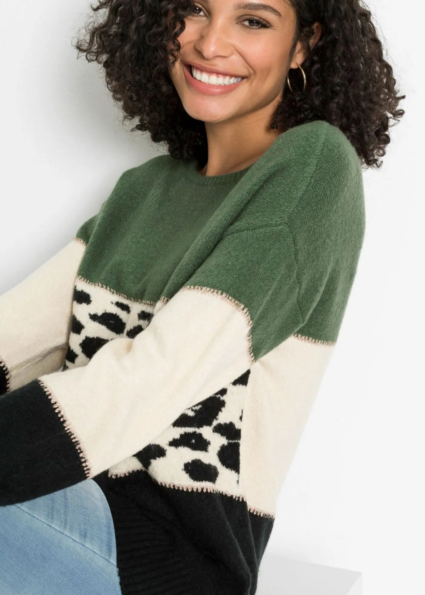 bonprix bonprix Jerséis|Ropa De Punto>Jersey oversize Negro-verde claro-crema