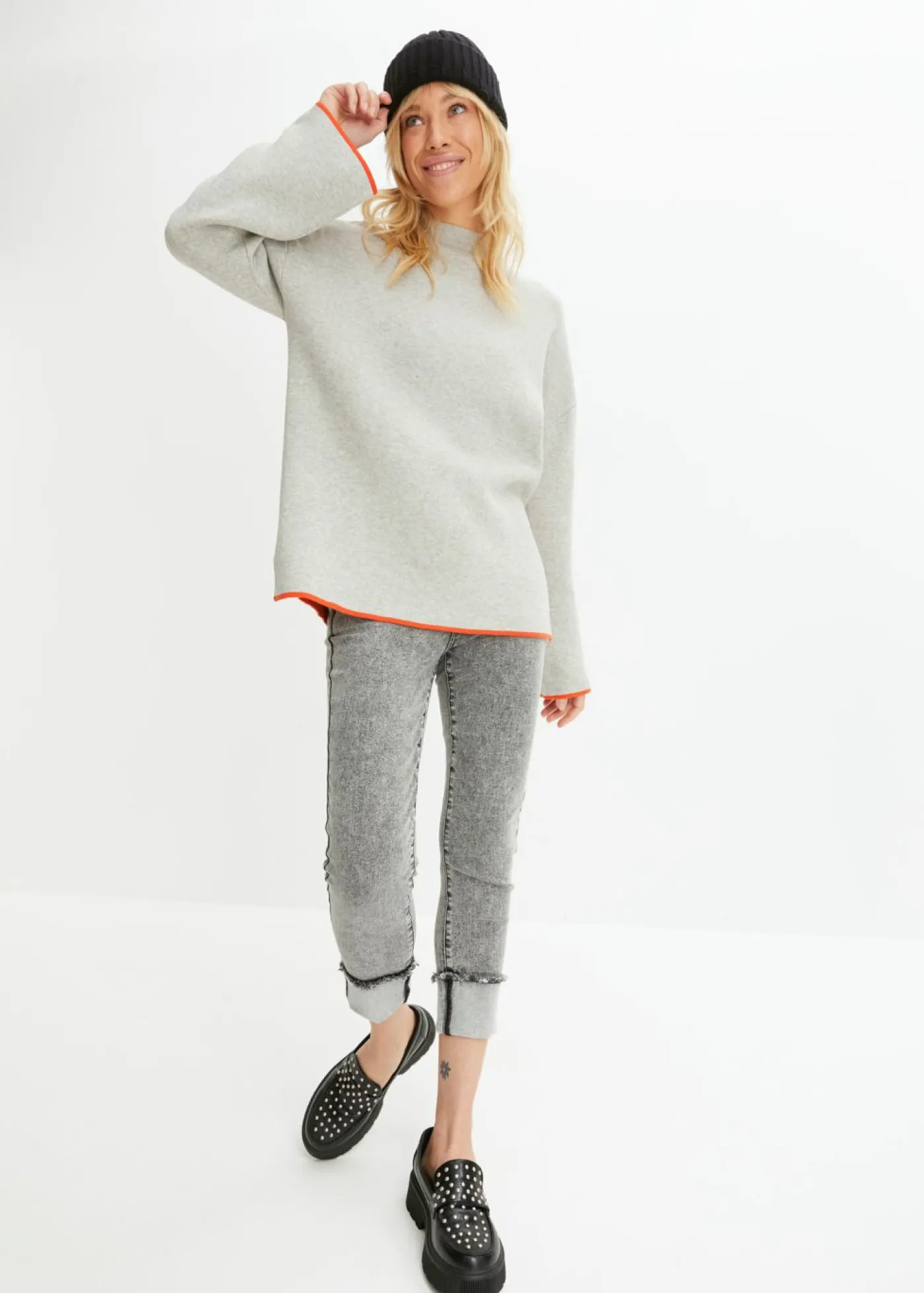 bonprix bonprix Jerséis|Ropa De Punto>Jersey reversible de punto fino Gris claro jaspeado-rojo amapola