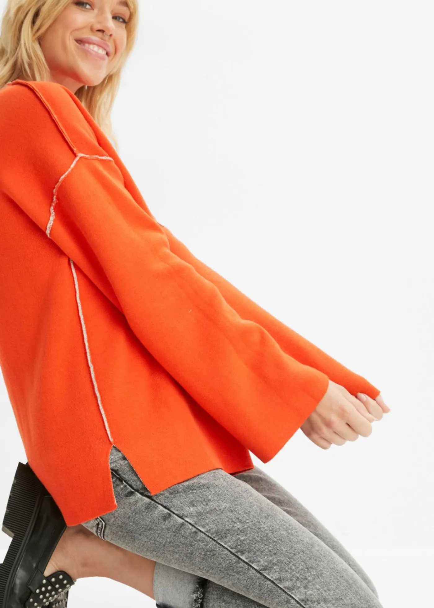 bonprix bonprix Jerséis|Ropa De Punto>Jersey reversible de punto fino Gris claro jaspeado-rojo amapola