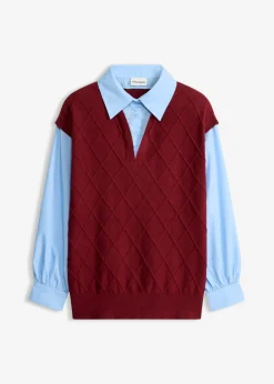 bonprix bonprix Jerséis|Ropa De Punto>Jersey sin mangas con inserto de blusa y contenido de algodón rojo rubí-azul claro