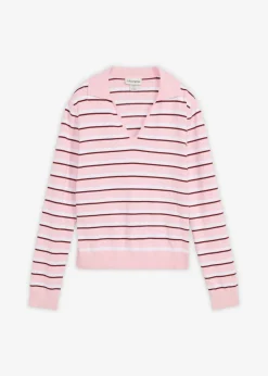 bonprix bonprix Jerséis|Ropa De Punto>Jersey tipo polo de mezcla de algodón blanco/rosa cristal/rojo rubí con rayas