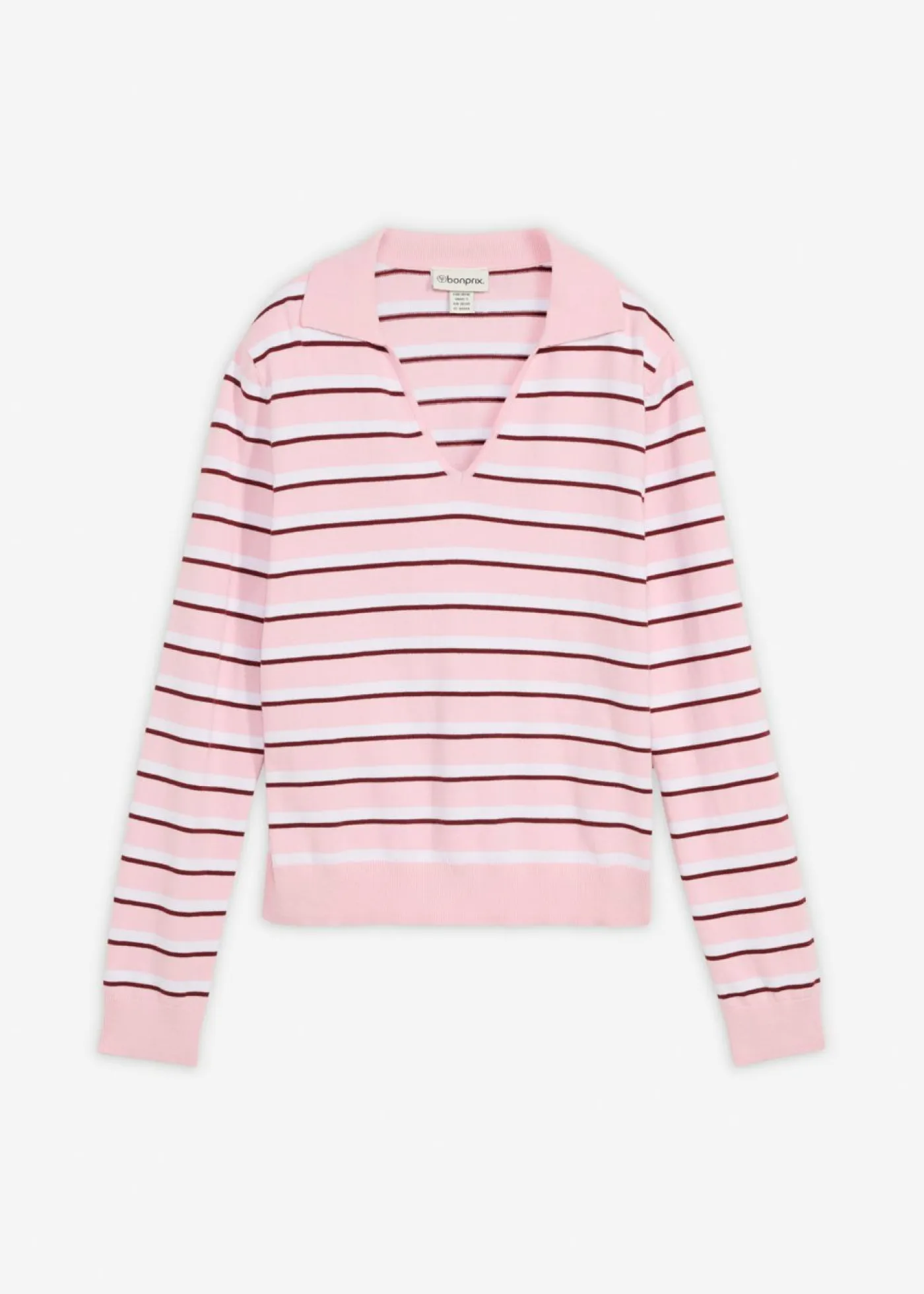 bonprix bonprix Jerséis|Ropa De Punto>Jersey tipo polo de mezcla de algodón blanco/rosa cristal/rojo rubí con rayas